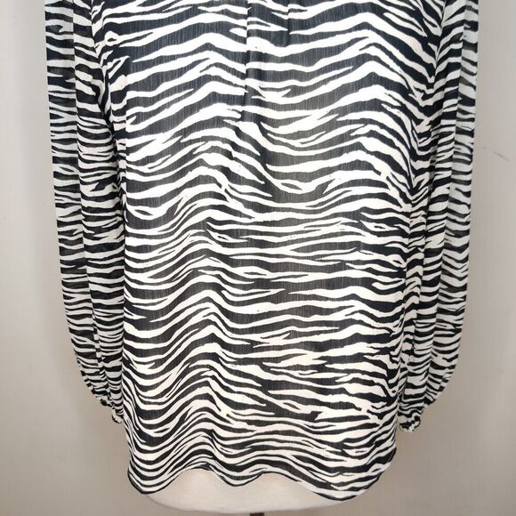 J Crew Zebra Stripe Chiffon Blouse Mock Neck Black White Long Sleeve - Picture 3 of 9